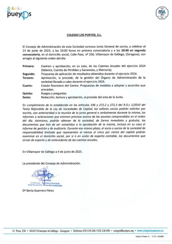 Convocatoria Colegio – Junta de Accionistas 2025